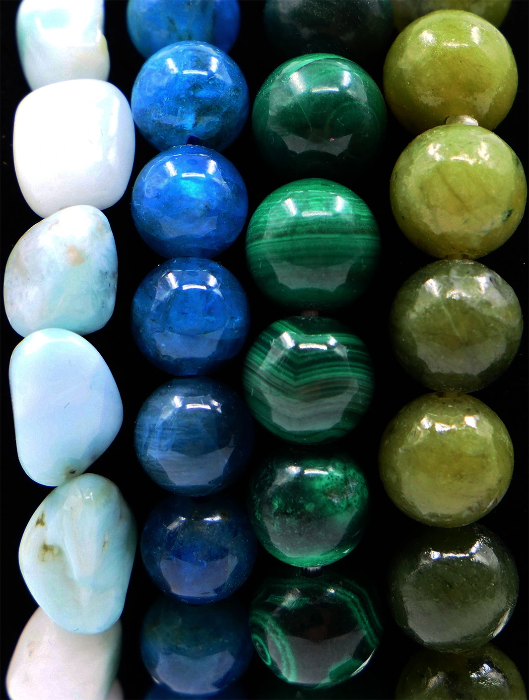 Larimar, apatite bleue, malachite et jade nephrite
